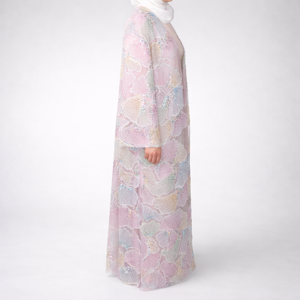 Pastel Ginko Sheer Beaded Abaya