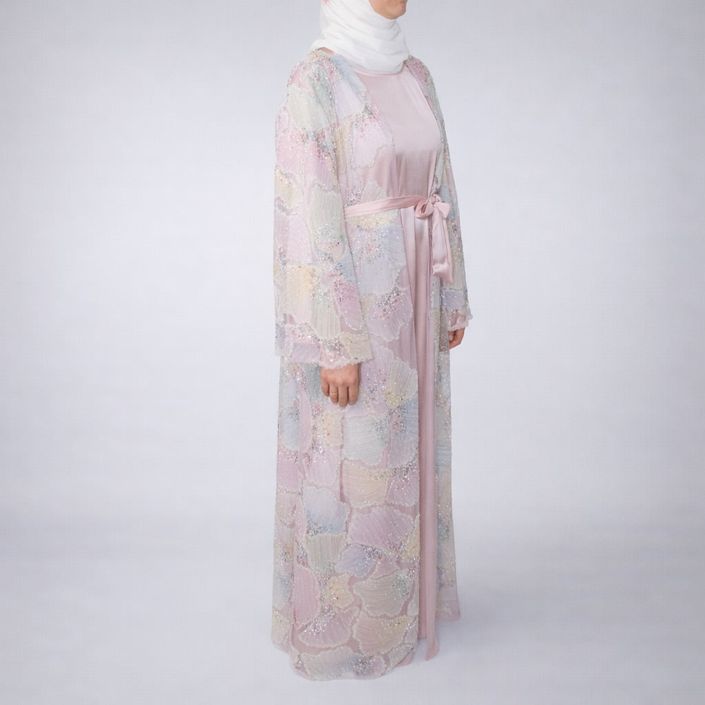 Pastel Ginko Sheer Beaded Abaya